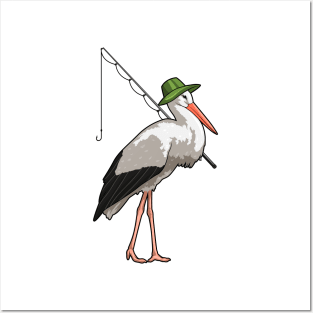 Stork at Fishing with Fishing rod Posters and Art